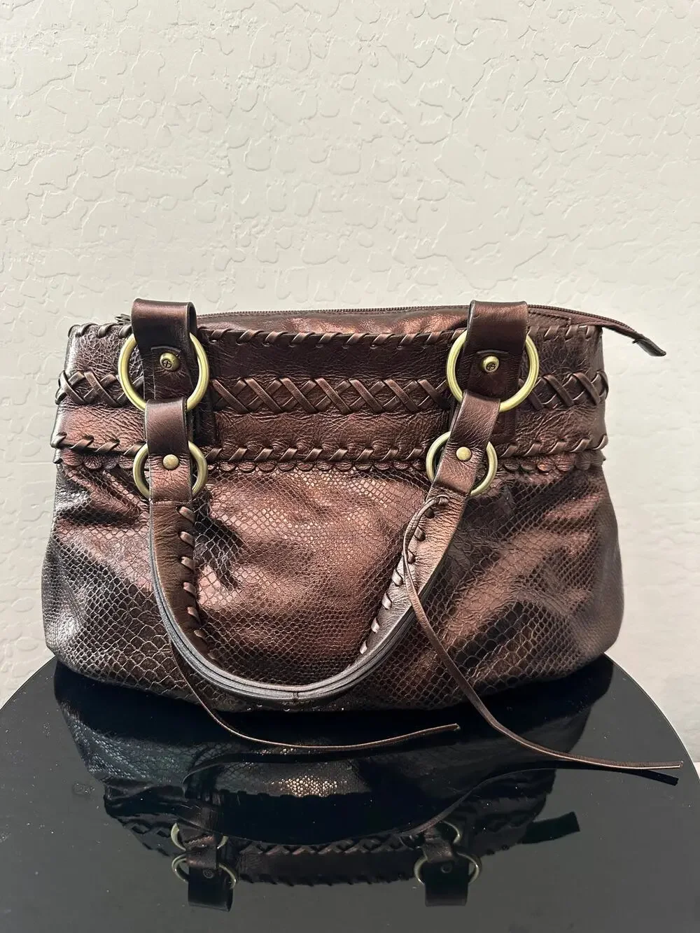 FRANCESCO Biasia Metallic Bronze Leather Snakeskin Embossed Braided Y2K Bag